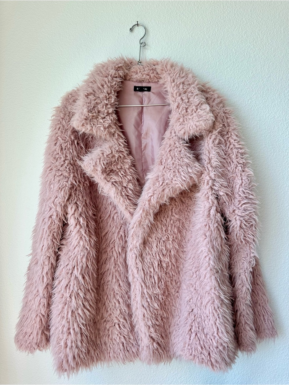 Racheal Vegan Faux Fur Fuzzy Mob Wife Teddy Coat Pockets Blush Pink L